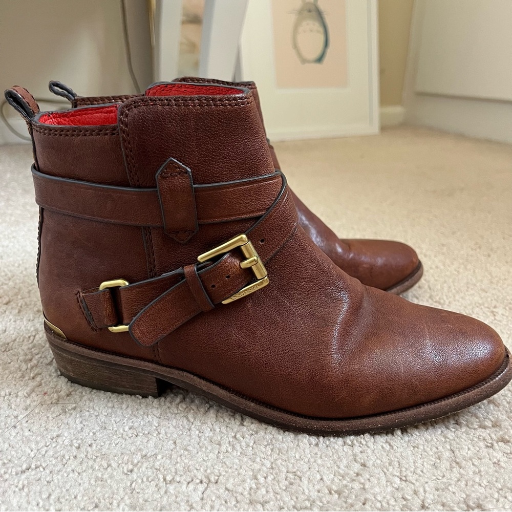 Coach Leoda Dark Ginger Distressed Brown Leather Bootie Ankle Boots Buckle 5.5 - Picture 3 of 14